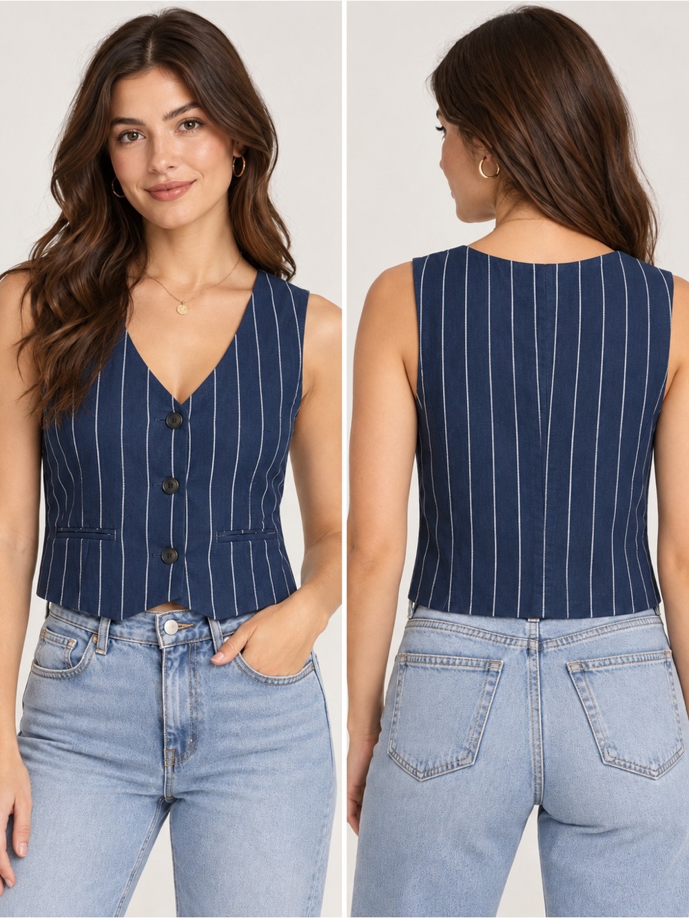 GAP Navy White Pinstripe Linen Blend V-Neck Button Front Vest Size L